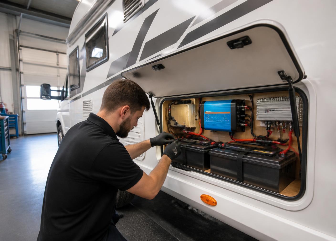 Tekniker installerer forbruksbatterier, inverter og lader i luken på en bobil