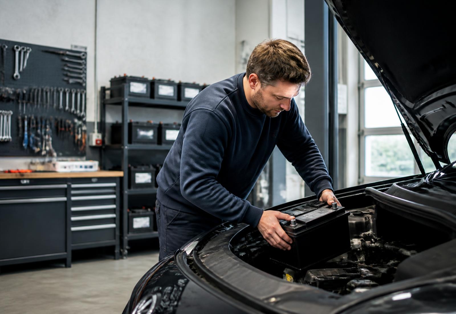 Tekniker hos Bergen Batteri Service monterer nytt bilbatteri i verkstedet